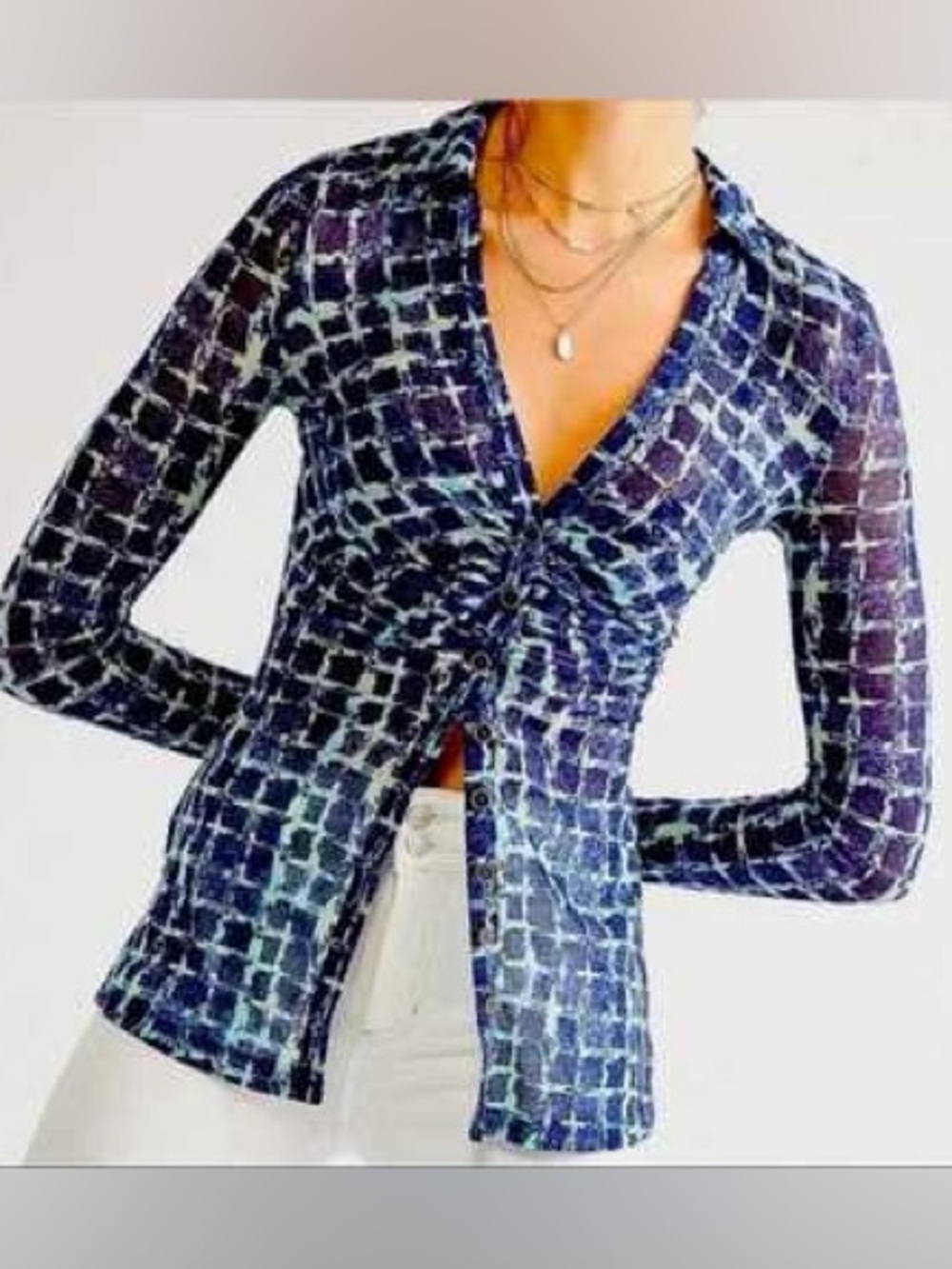 Free People Ruched Mesh Button Down Shirt | Size Small